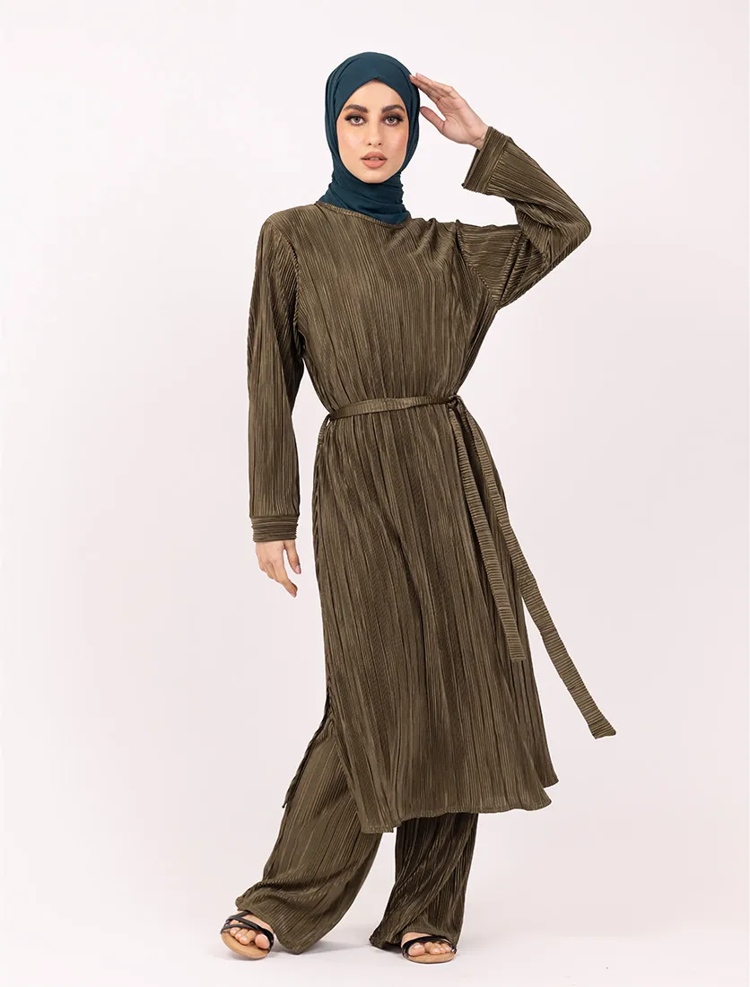 Olive Long Plisse Co Ord